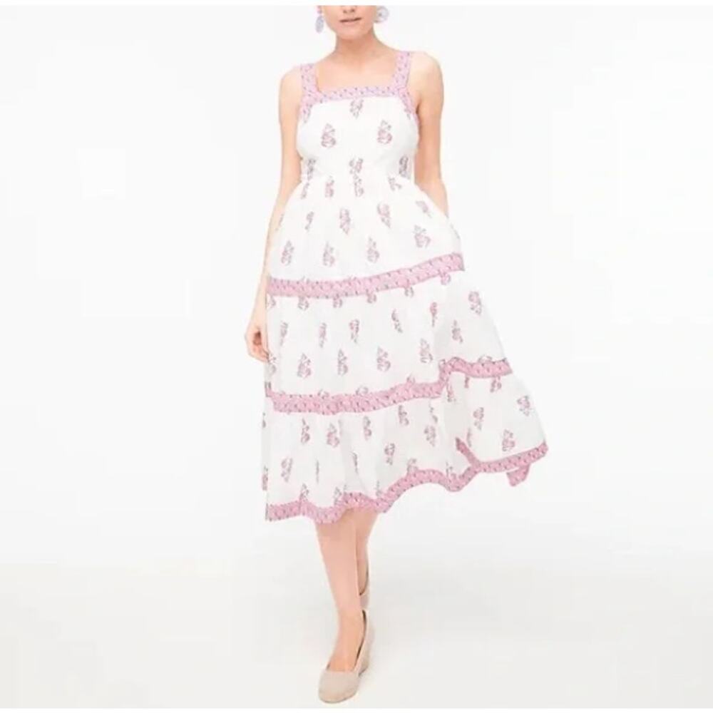 J. Crew Block-print square neck tiered midi dress size 4